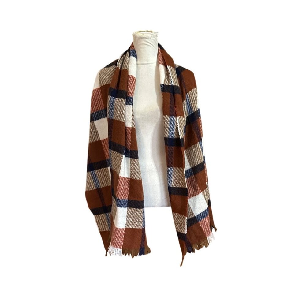 Plaid Blanket Scarf With Fringed Edges - Rust Navy Cream & Tan Soft Winter Wrap